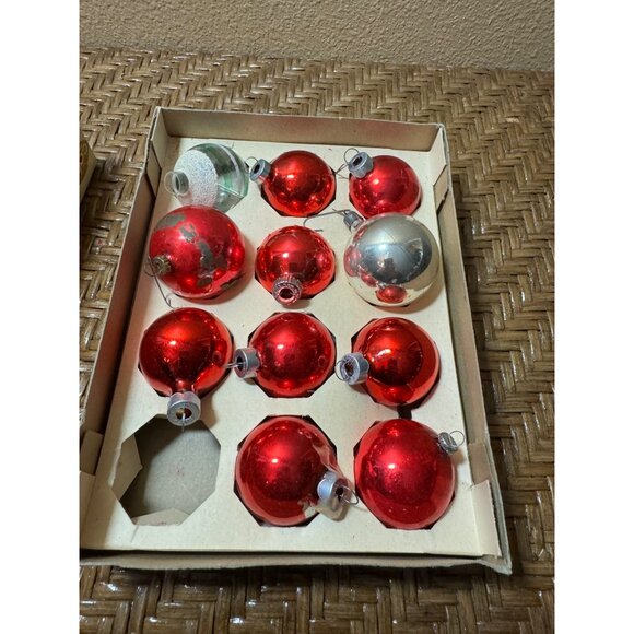 Vintage 1950s Glass Christmas Ornaments Red & Silver Set Of 11 - Picture 1 of 13